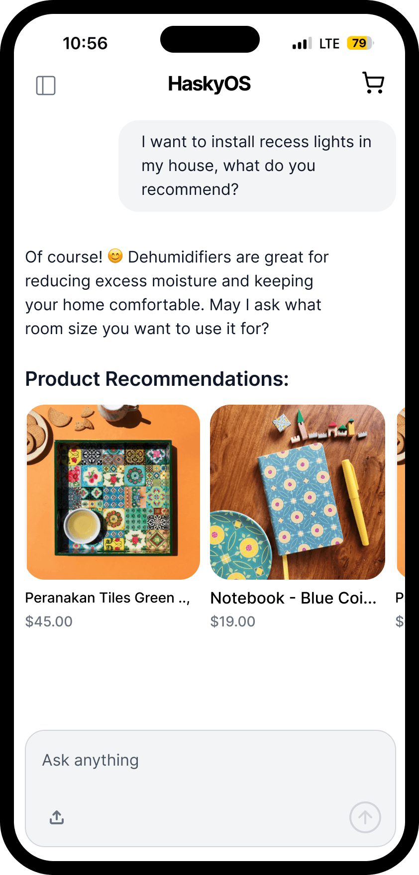 HaskyOS mobile chat interface showing product recommendations