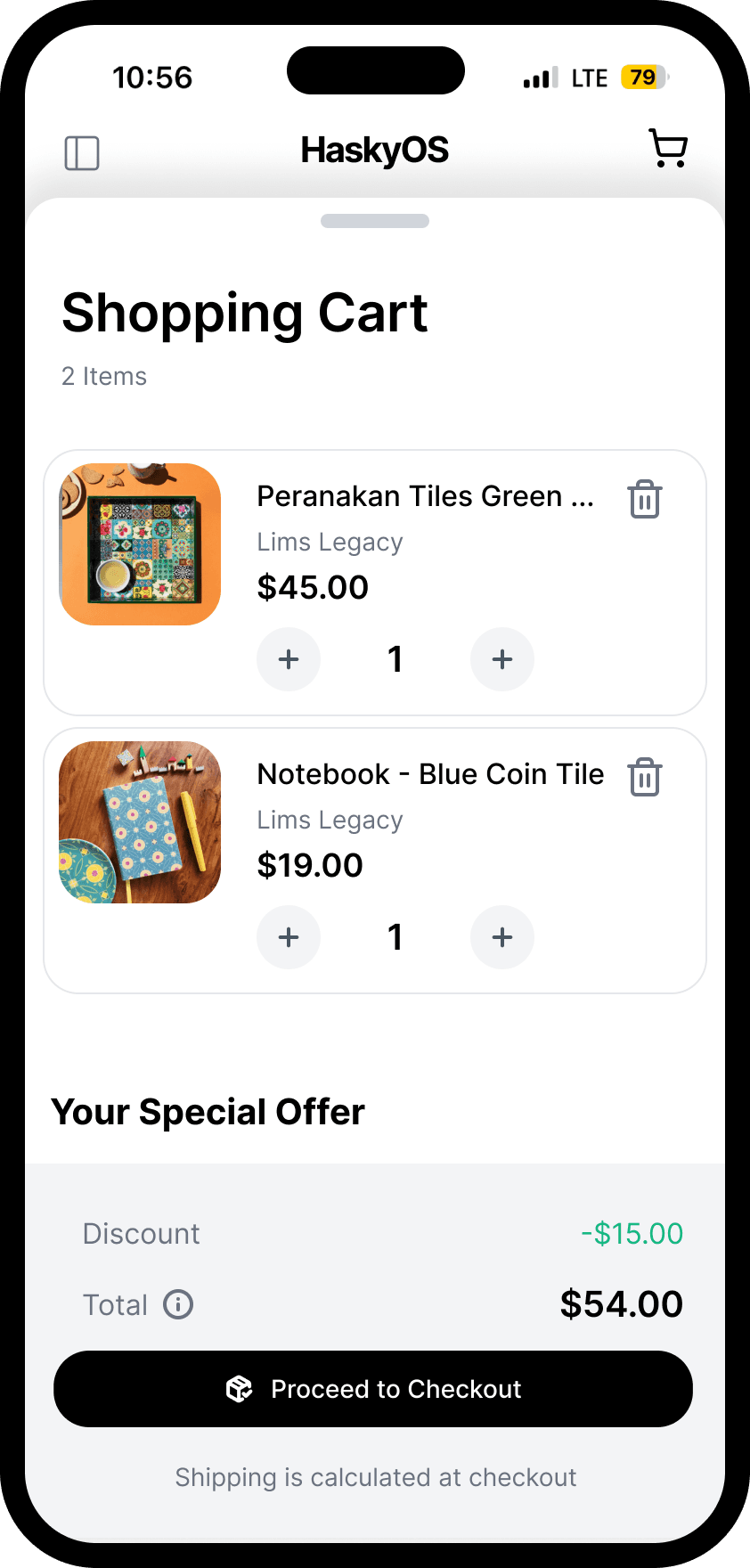 HaskyOS shopping cart on mobile