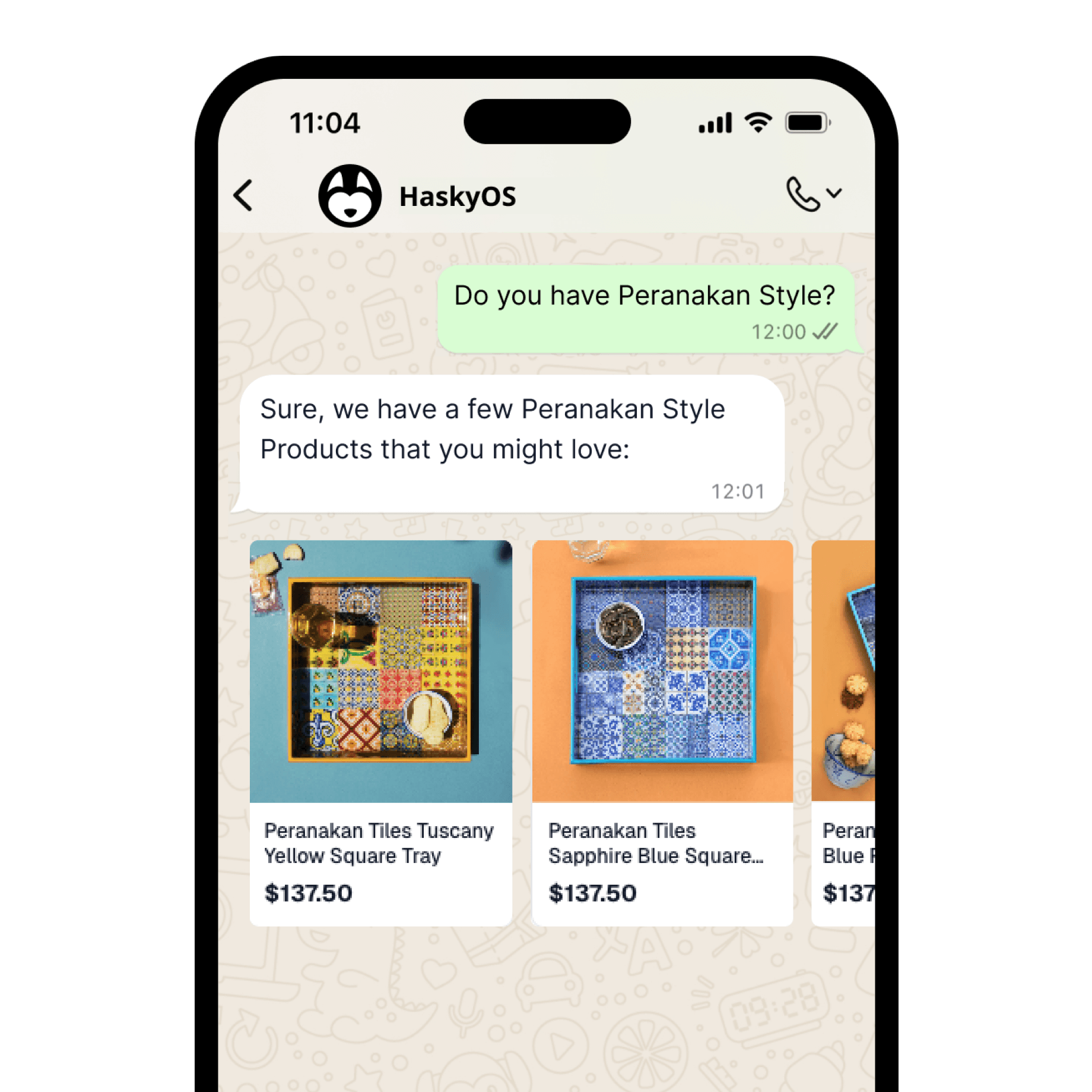 WhatsApp chat showing HaskyOS product recommendations
